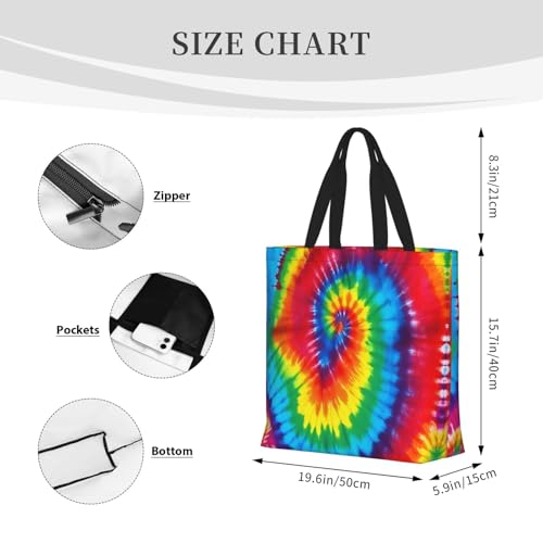Tie Dye Rainbow Print Tote Bags, Large Capacity Zipper Shoulder Bag, For Shopping, Work, Daily4