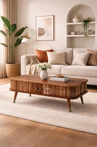 Image of DRIFTINGWOOD Travor Solid Sheesham Wood Coffee Table with Storage | Center Table for Living Room | Tea Table with Sliding Doors and 2 Compartments | Natural Finish
