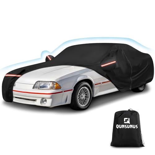 Image of QUNSUNUS Waterproof Car Cover for Ford Mustang 1979-1993, Outdoor Car Covers with Zipper, All Weather Full Exterior Cover with Straps and Elastic Edges for Wind, Sun, UV and Dust Protection
