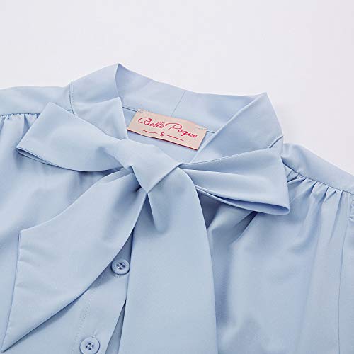 Image of Belle Poque Summer Short Sleeve Office Button Down Blouse Stripe Shirt Tops with Bow Tie BP573