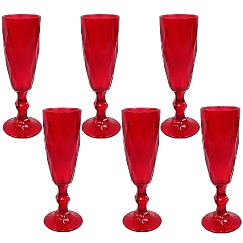Set 6 Bicchieri Flûte Rossi da Spumante 170ml con piede per una Tavola Natalizia Effetto Diamante Eleganti per le Feste di natale e Occasioni Speciali