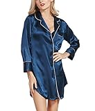 Asskyus Nachthemd für Damen, Nachthemd mit weichem Satin, Boyfriend Style (XL, Navy blau)