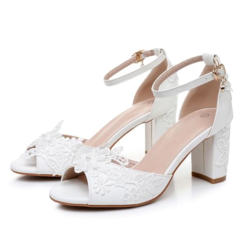 3 Inches Women Thick High Heels Bride Sandals White Floral Lace Pumps Wedding Shoes4
