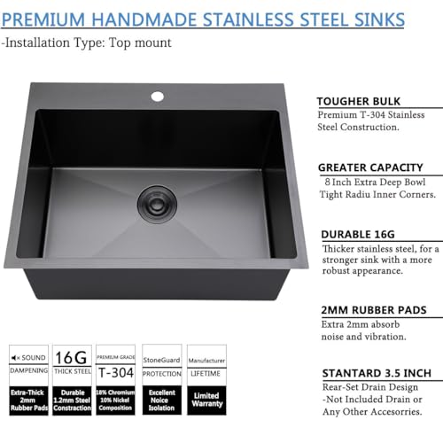 Image of SHACO 25x22 Inch Black Drop In Kitchen Sink, 25 Inch Gunmetal Black 8 Inch Deep RV Laundry Utility Sink, Top Mount 16 Gauge Stainless Steel Single Bowl Deep Small Kitchen Sink