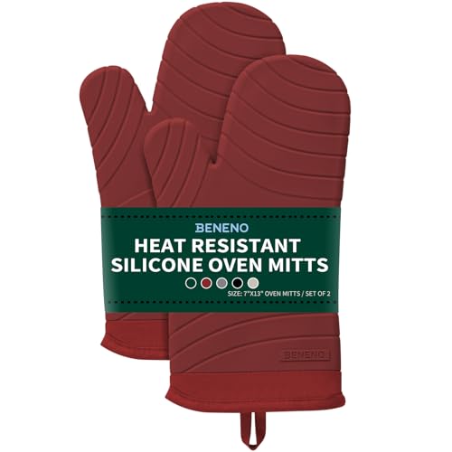 Beneno Heat Resistant Silicone Oven Mitts BPA-Free, Non-Slip Textured Grip & Quilted Cotton Lining, Waterproof Kitchen Mitt 2-Pack Set, 7