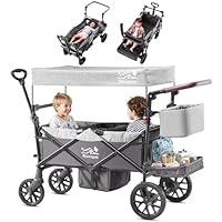 Bollerwagen für 2 Kinder, faltbarer Kleinkinderwagen mit Dach und abnehmbarem Tablett,Tür mit Reißverschluss,5-Punkt-Gurt, verstellbarer Griff, Bollerwagen mit Sitz, Handwagen Ziehen & Schieben