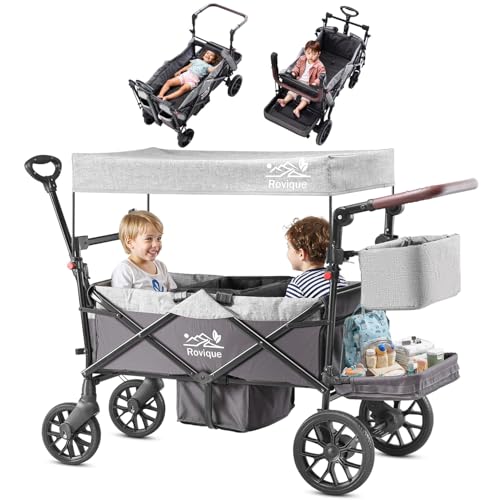 Bollerwagen für 2 Kinder, faltbarer Kleinkinderwagen mit Dach und abnehmbarem