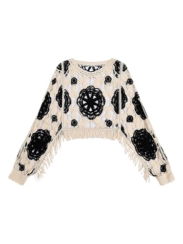 Verdusa Women's Hollow Out Colorblock Cropped Sweater Y2k Vacation Fringe Pullover Knit Tops