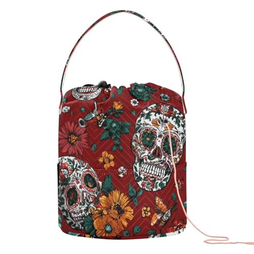 Image of Tatenale Crochet Bag Yarn Bag Knitting Project Bag with Pockets and Handle Portable Yarn Storage Organizer Tangle Free 8.3x11 InchRed Meixcan Flag Skull03