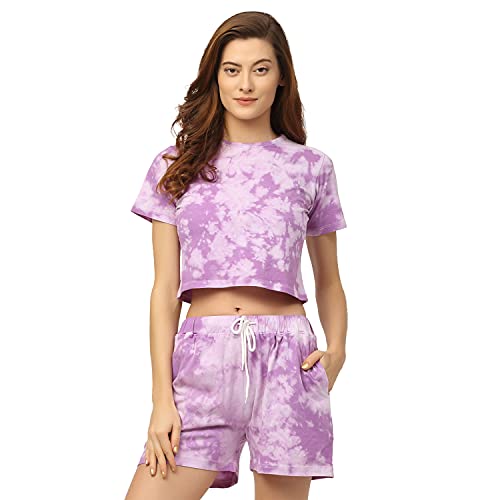 Image of Rigo Printed Waffle Knit Tie & Dye Top and Shorts Co-ord Set for Women | Half Sleeves & Sleeveless Co-ords Set for Women | Stylish Dresses for Women | Night Wear, Beach Wear, Vacation Wear Outfit