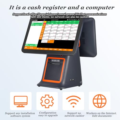 KJLYLPP Smart Cash Register, 58mm Thermal Printer, 15.6" Touch Screen, All-in-One Cash Register, Dual-Screen Cash Register All-in-one Machine, Point of Sale Terminal (Black B)