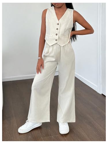 Image of Floerns Girl's 2 Piece Outfit Sleeveless V Neck Blazer Vest and Wide Leg Pants Set