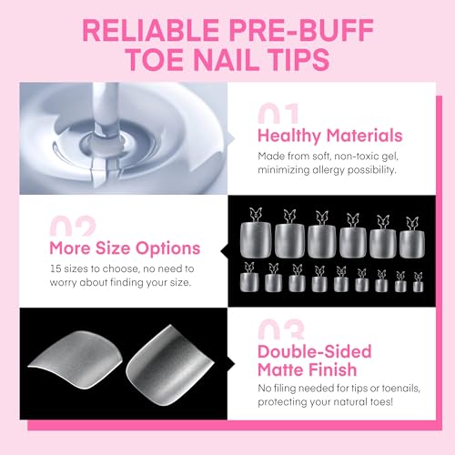 Image of UNA GELLA Square Toe Nail Tips For Big Toe, 504Pcs 15Sizes Soft Gel Full Cover Toe Nail Tip Pre-buff Fake Acrylic Toes Nail Press Ons Soak Off Pedicure For Nail Extensions Home DIY Nails Salon
