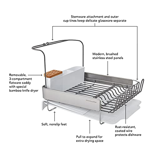 KitchenAid Full Size Compact to Full Capactiy Expandable Rust Resistant Dish Rack, with Self Draining Angled Drainboard and Removable Flatware Caddy, 24-Inch, White by KitchenAid - Image 6