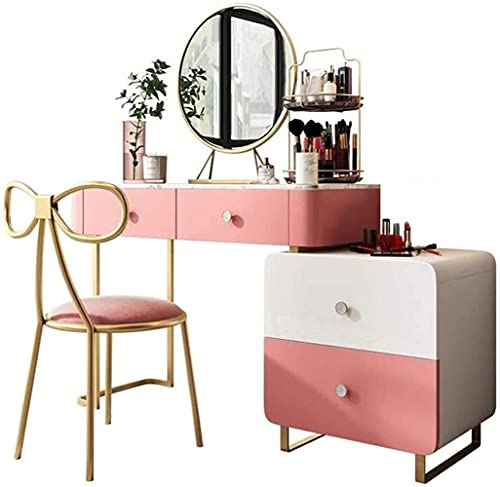 SKUN Makeup Vanity Makeup Vanity Table Set,Oval Mirror and Surprise Gift Makeup Organizer 4 Drawers Dressing Table Retractable Left Multifunctional Dressing Table