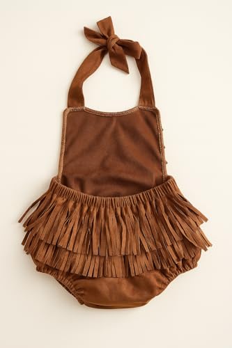 Infant Baby Girl Fringe Faux Suede Romper - Western Style Halter Sunsuit, Adjustable Straps3