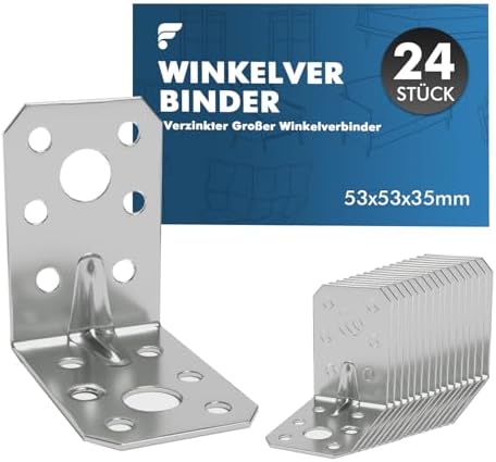 shinfly 24 Stück Winkelverbinder 53x53x35mm, Winkel Metall verzinkt | Metallwinkel 90 Grad mit Sicke, verzinkt; als Lochplattenwinkel und Montagewinkel für Holzverbindungen und Möb