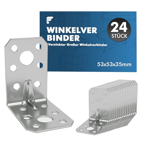 Shinfly Winkelverbinder 24 Stück 53 x 53 x 35 mm Verzinkte Metallwinkel 90 Grad L-Winkel Holzverbinder mit Verstärkungsrippe Befestigungswinkel für Möbel Stuhl Tisch Regal und Holzrahmen
