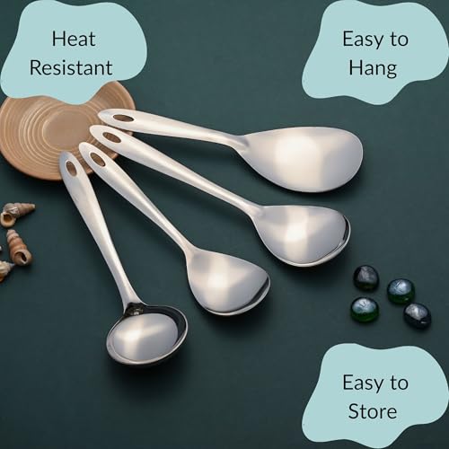 Image of Montavo by FnS 4 Pieces Stainless Steel Serving Spoon Set | 1 Gravy Ladle, 1 Rice Server, 1 Medium Veg Serving Spoon & 1 Small Veg Serving Spoon | Kitchen Serving Tools for Home & Dining