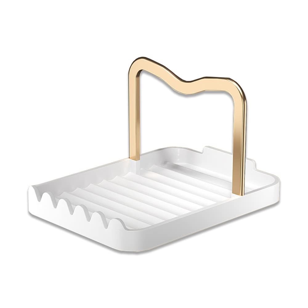 Starry G White & Golden Cooking Spoon Rest With Lid Holder, Kitchen Utensil Rest With Drip Pad, Heat-Resistant Pot Lid Stand Holder, Countertop Organiser Rack For Ladles, Tongs, Spatula, Simple Flatware Rack - W&G