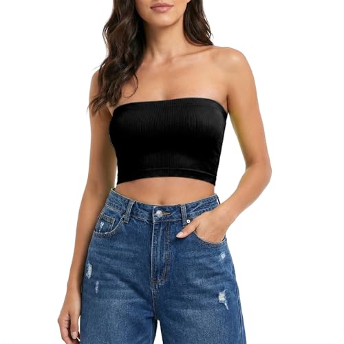 Topy rurki damskie na lato, casualowe, bandeau, czarny crop top, na wyjścia, krótka koszulka bez ramiączek, czarny, jeden rozmiar