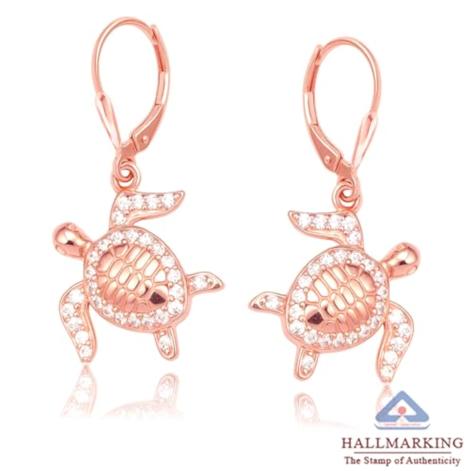 Women's 925 Sterling Silver Rose Gold Plated CZ Turtle Leverback Dangle Earrings