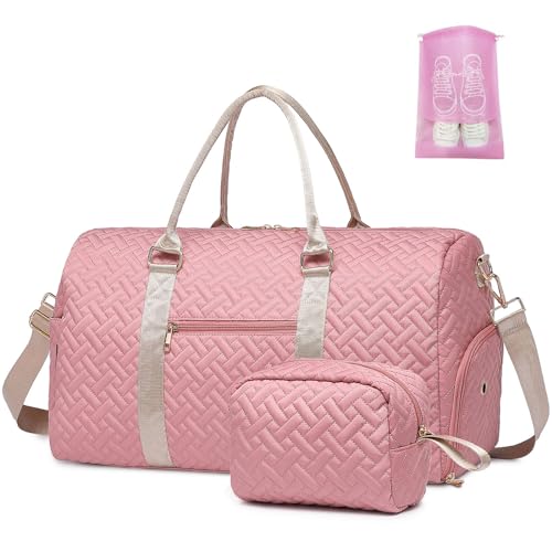 Image of Duffle Bag for Travel, Weekender Bag with Shoe Compartment, Carry On Overnight Bag for Women with Toiletry Bag, 50L Gym Bag with Wet Pocket, Hospital Bags for Labor and Delivery, style2-pink&brown