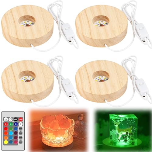Lot de 4 socles lumineux LED en bois - Socle lumineux rond en bois - 7 couleurs - Éclairage en bois réglable - Base en bois pour cristal, verre, acrylique