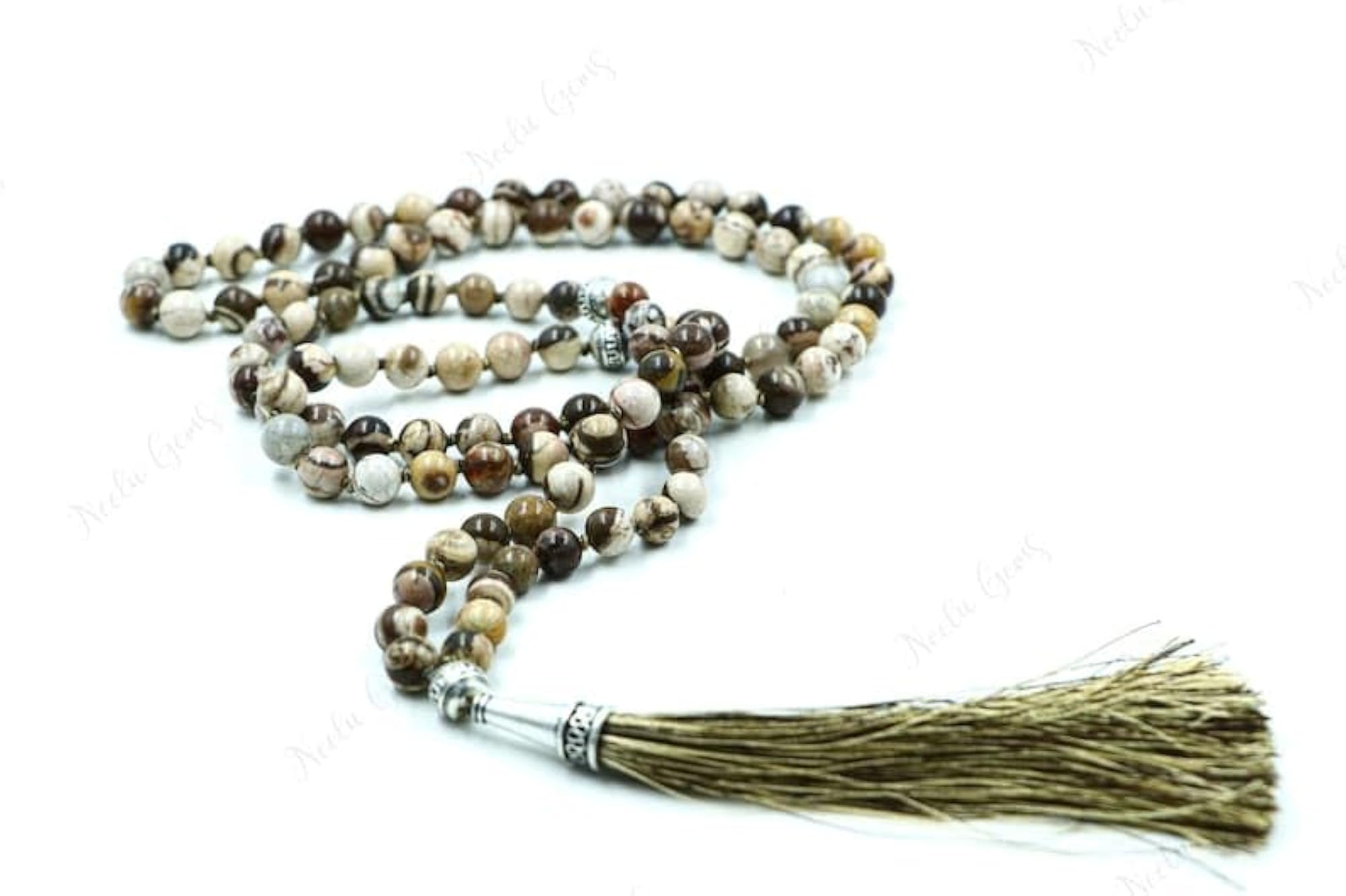 Natural Brown Zebra Jasper Beaded Handmade Prayer Mala Necklace