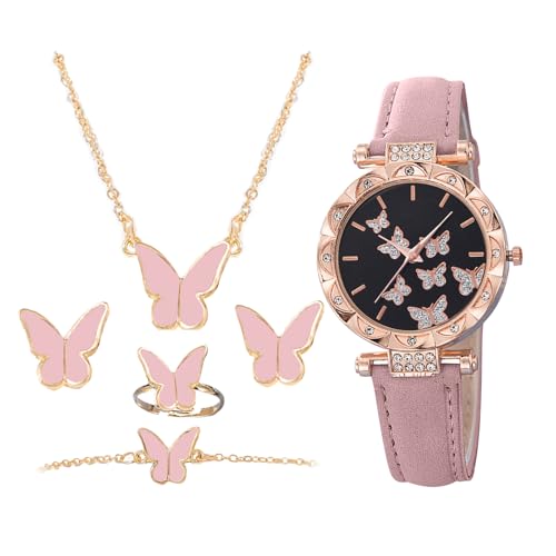 Relojes para Mujer, Juego de Reloj de con Anillos y Collar, Reloj de Pulsera Impermeable para Novia, Cita, Mujer, Diario, Eventos, Viajes, Oficina, Boda, Vacaciones, Rosa, Refer to