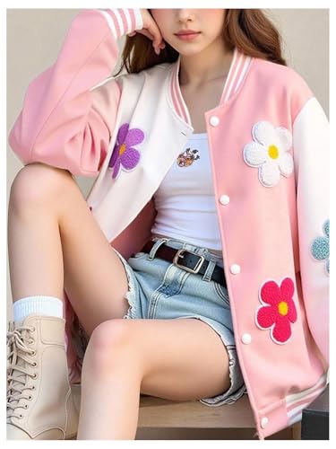 Girl's 3D Floral Bomber Jackets Long Sleeve Button Down Baseball Jacket Coat2