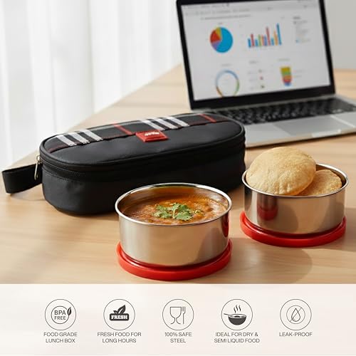 Image of CELLO MF Trent Lunch Box with Bag for Office Use, Red | 300ml x 2 Stainless Steel Containers, Food Grade Light Weight Leak Proof Airtight Snap Lock Lid Tiffin Box Set for School Kids College & Travel