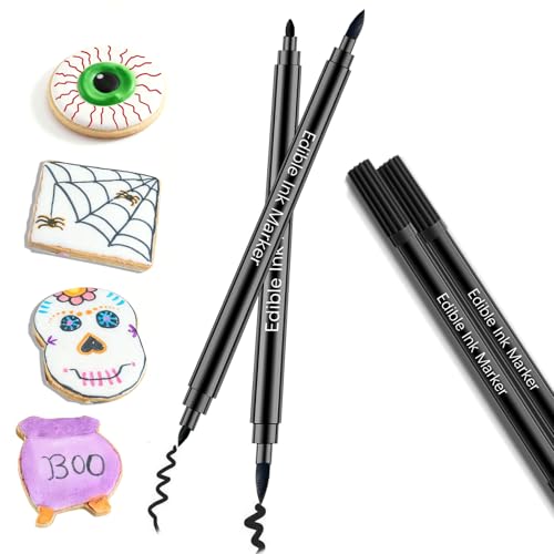 Black Edible Markers for Cookie Decorating - 2pcs Black Food Coloring Pen Double Sided Fine Tips Edible Pens, Christmas Food Grade Marker Pens for Baking Decorating, Fondant, Chocolate, Frosting