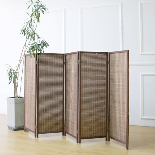 Furnnylane 5 Panel Short Room Divider Screen,Brown Freestanding Partition,Small Bamboo Panel Divider for Room Seperation,3.95 FT Tall