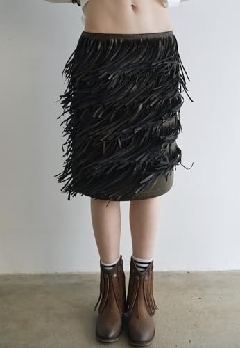 Women’s PU Straight Knee-Length Fringe Skirt Low-Rise Style2