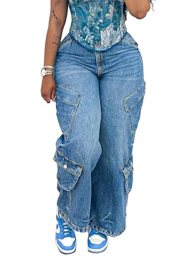 Vakkest Women's Cargo Jeans High Waisted Straight Wide Leg Denim Pants with Multi Pockets Baggy Streetwear Trousers
