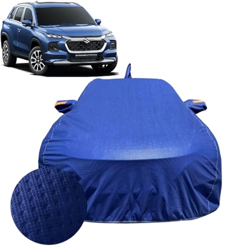 Image of Car Cover for Maruti Suzuki Grand Vitara (2022-2026) | 100% Waterproof Cover with Antenna & Reflective Mirror Pockets | Dustproof, Scratchproof, Heatproof Car Cover |Soft Cotton Lining| Blue