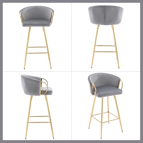 Butacos de barra para mostrador de terciopelo gris de 30", marco dorado, juego de 4 sillas de cocina modernas miniatura 6