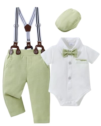 Image of CARETOO Baby Boy Clothes Suit Infant Gentleman Boy Outfits Dress Shirt/Bowtie/Suspender Pants Set 0-18 Months