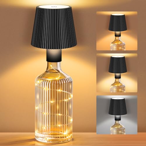 ICARE Flaschenlampe Aufsatz LED aufladbar mit Lichterkette Kabellose Flaschenlicht USB-C Touch Dimmbar 3 Farbtemperaturen für Balkon Terrasse Restaurant Schlafzimmer Bar und Camping Schwarz
