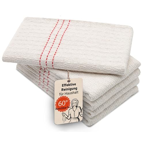 ZOLLNER 5er Set Scheuertücher - hochwertige und saugstarke Reinigungstücher - Mischgewebe - waschbar bis 60°C - 55x60cm in Natur mit roten Streifen