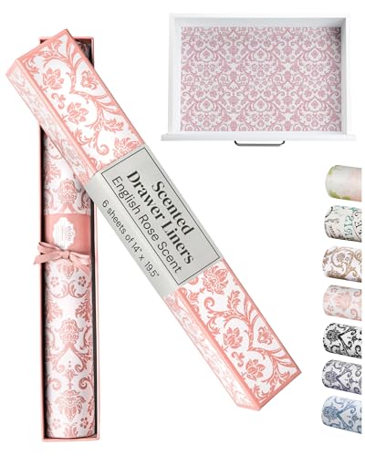 Image of Elodie Essentials Shelf Paper - 14" x 19.5" (Royal Damask) English Rose Scented Drawer Liners for Dresser, Bedroom & Bathroom - Non-Adhesive Drawer Liner Paper - 6 Sheets