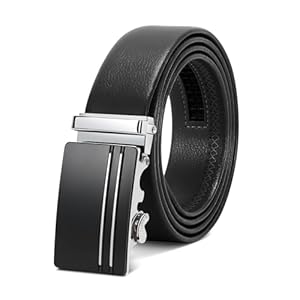LEACOOLKEY Men’s Belt，Adjustable Leather Ratchet Belt 3.5cm Trim to Fit,Men’s Automatic Buckle Belt for Suit Jeans