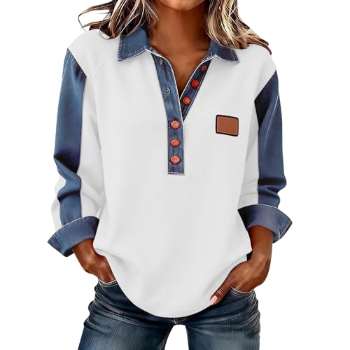 Lovraj Sudadera de manga larga para mujer, diseño de patchwork, con solapa, parte superior con botones