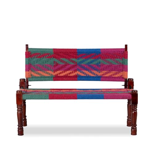 Image of Srima Wooden Bench for Living Room | Handcrafted Sheesham Wood Backrest Bench for Balcony & Garden | Traditional Rajasthani Patio for Outdoor with Cotton Handwoven Rope | Colorful 4
