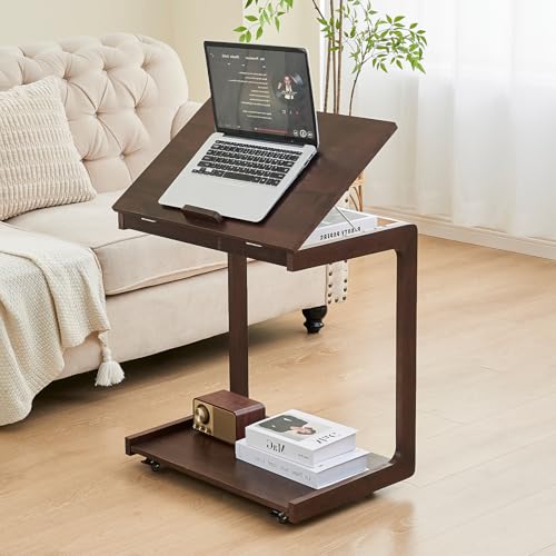 Image of Uniclinens Rolling Side Table, C Shape Couch End Table with Wheels, Mobile Wooden Sofa Tray, Movable Small Couch Desk for Bedroom Living Room, Dark Walnut