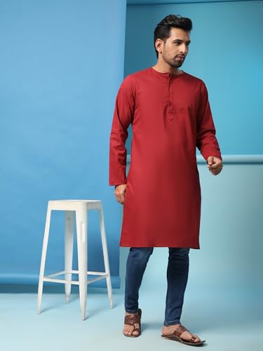 Image of Amazon Brand - Anarva Men's Cotton Solid Round Neck Kurta Long Sleeves Straight Knee Length Casual Shirt