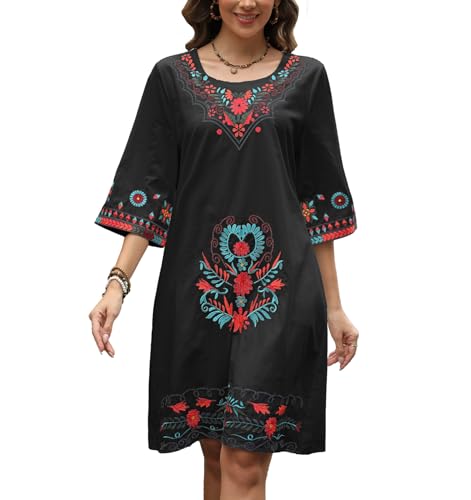 Image of Higustar Mexican Embroidered Dress Summer Cotton Bohemian Flower Peasant Traditional Mexico Fiesta Boho Dresses for Women
