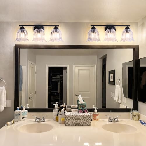 Bathroom Vanity Light 3-Light, Farmhouse Tulip Glass Shade Matte Black