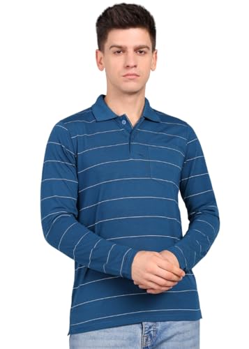 Image of INKKR Men Full Striped Polo Neck Cotton Blend T-Shirt